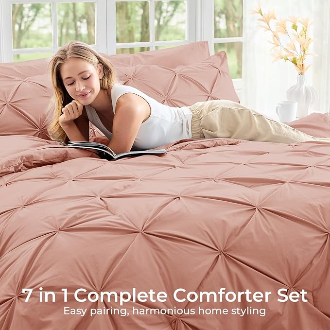 Sasttie California King Comforter Set, 7-Piece Bed in a Bag Cal King, Pintuck Bedding Set for All Season, Includes Comforter, Flat Sheet, Fitted Sheet, Pillowcases and Pillowshams, Blush