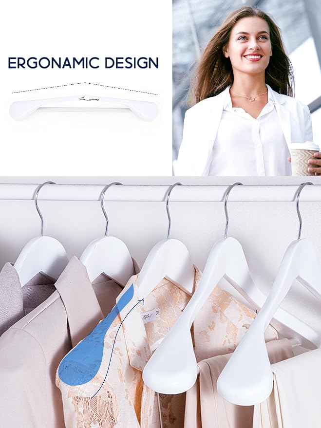 HOUSE DAY High-Grade Solid Wood Coat Hangers for Women, Wide Shoulder Wooden Hangers, Suit Hangers with Non Slip Pants Bar, Smooth Finish 360° Swivel Hook for Dress, Heavy Clothes Hangers 6 Pack White - Image 2