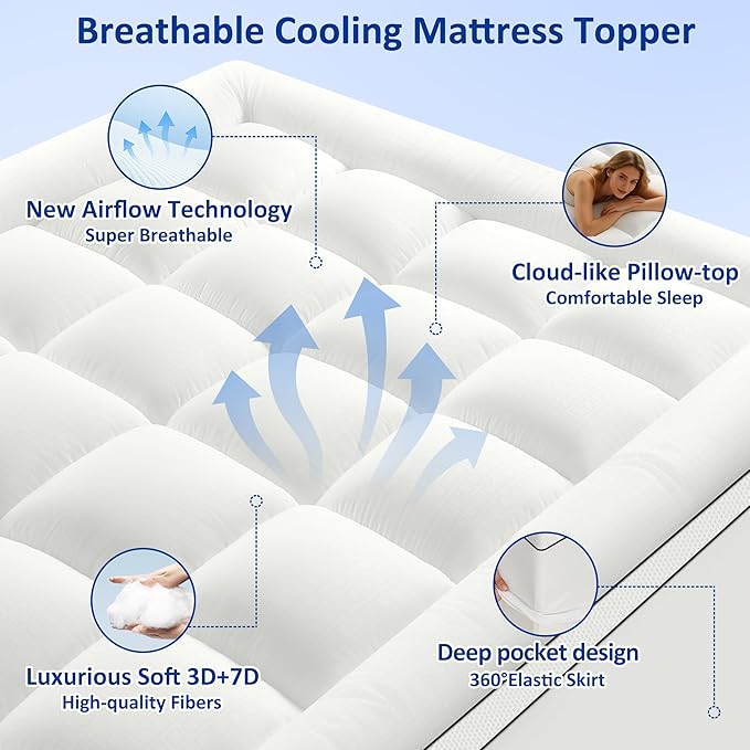 King Size Mattress Topper for Back Pain, Extra Thick Pillow Top Mattress Pad with 1000GSM Down Alternative Filler, Cooling Breathable Plush Bed Topper Protector Cover (8-21" Deep Pocket)