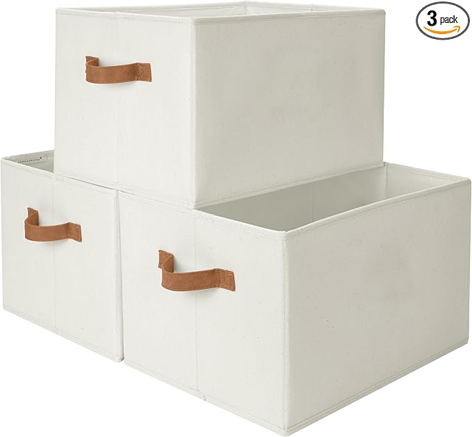StorageWorks Foldable Storage Bins with PU Handles, Closet Storage Baskets, Fabric Bins for Clothes Storage, Ivory White, 3-Pack, Extra Large by StorageWorks