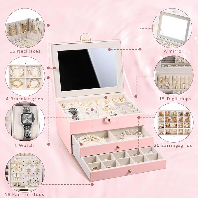 3 Layer Jewelry Boxes Large Jewelry Holder Organizer Case with 2 Jewelry Organizer Drawer PU Necklace Organizer Lockable Upgrade Mirror Gifts for Women, Pink - Image 7