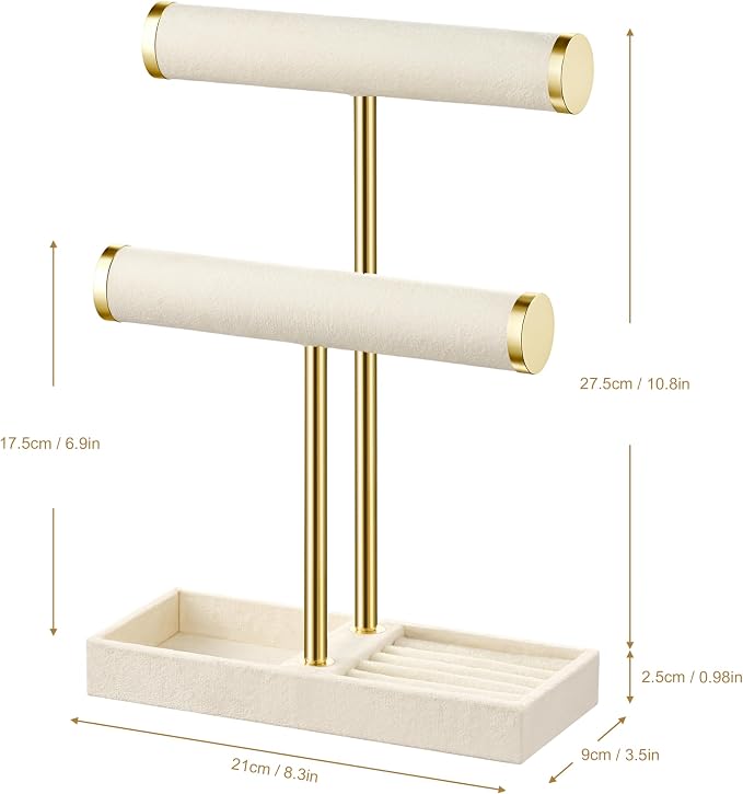 bussdis 2 Tier Bracelet Holder Display - Detachable T Bar Beige Velvet Bracelet Holder, Jewelry Holder Organizer for Bracelet, Necklace, Earrings, Rings - Image 7