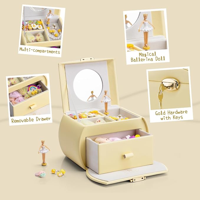 VLANDO Kids Musical Jewelry Box for Girls with Drawer, Music Box with Ballerina and Stickers for Birthday Bedroom Decor, Gifts for Girls Kids Christmas Thanksgiving Gifts 2024 - Yellow - Image 2