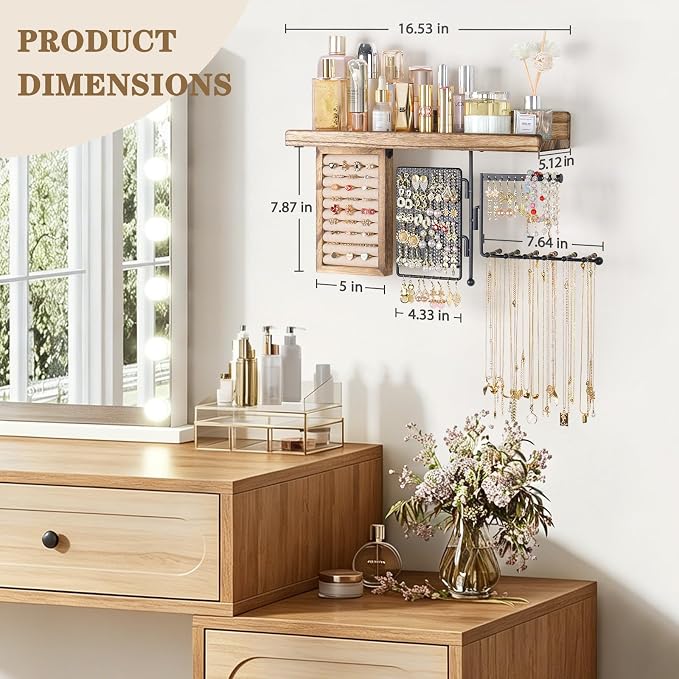 SOLIMINTR Hanging Jewelry Organizer Wall Mount with Rustic Wood Shelf, Ring Display Box, Ear Studs Earring Holder, Rotating Necklace Holder Organizer - Image 6