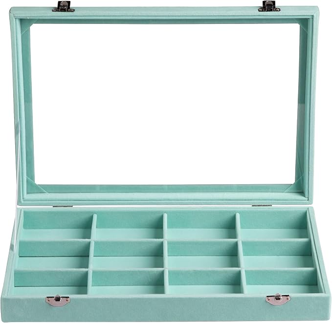 Frebeauty Velvet Jewelry Tray,12 Grid Jewelry Organizer with Clear Lid,Bracelets Holder,Jewelry Display Case with Clasp,Drawer Insert Bangle Brooch,13.8 x 9.5 x 2 Inches,Gift for Women Girl(Turquoise) - Image 2