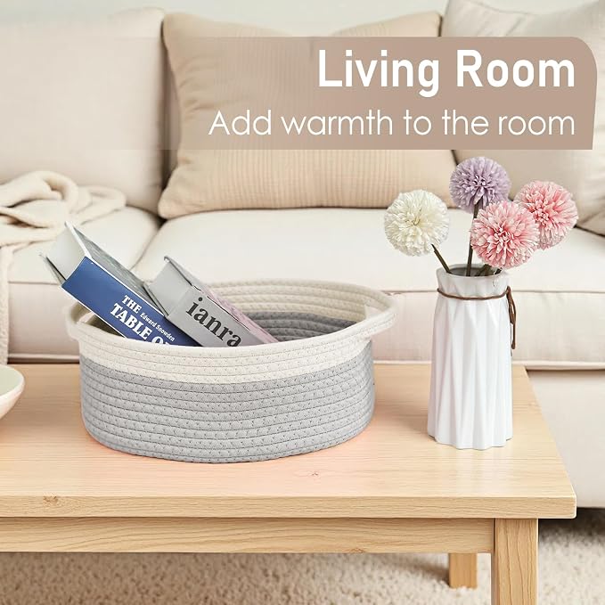 JMvicyroam Woven Basket,Small Rope Storage Bin with Handles & Ribbon Bag, Organizer for Shelves Closets,Gift Basket Empty for Birthday,Books,Dog Toys, White&Grey/2 Pack - Image 7