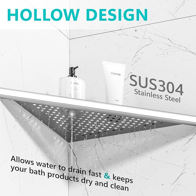 Qeke Bathroom Corner Shelf, Recessed 12" Shower Shelf Caddy, SUS304 Stainless Steel Shelf Wall Mount Triangular, No Drilling, Brushed Nickel - Image 4