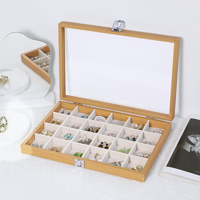 Stratalife Jewelry Organizer Wooden Jewelry Box Jewelry Display Case Jewelry Tray with Glass Lid Earring Holder Organizer Bracelet Ring Organizer 24 Grid Jewelry Tray Vintage Gift for Women - Image 5