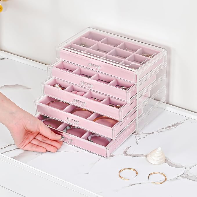 ProCase Earring Holder Organizer Jewelry Box with 5 Drawers, Acrylic Clear Earring Case with Adjustable Velvet Trays for Women - Pink, 5 Layers - Image 3