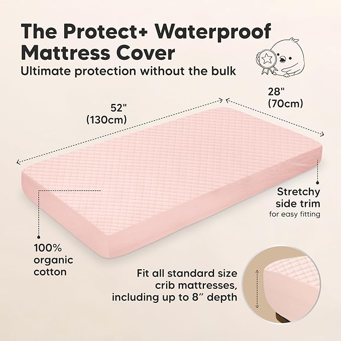 2-Pack Waterproof Crib Mattress Protector Cover Fitted - Quiet Baby Crib Mattress Pad Sheets, 52" x 28" Soft Quilted Cotton Baby Sheet, Machine Washable, Easy Fit, Durable (Mist Rose/Quin)
