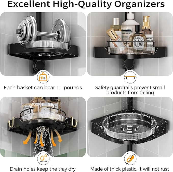 shuang qing 360° Rotating Corner Shower Caddy Tension Pole Organizer - 4-Tier Adjustable Rustproof Metal Pole, Plastic Shelves with Safety Guardrail, Bathroom Storage for Shower & Bathtub(Black) - Image 5