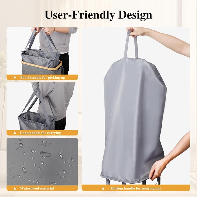 Foluck Slim Laundry Hamper, 60L Waterproof Narrow Laundry Basket with Lid and Removable Bag, Collapsible Tall Clothes Hamper with Bamboo Handles for Clothes Toys in Dorm Bedroom Bathroom, Grey - Image 4