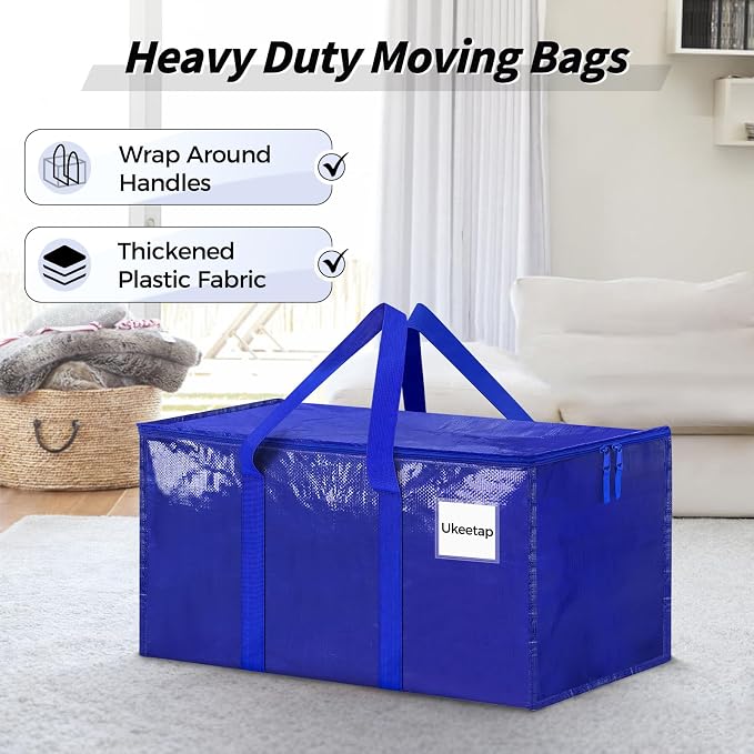 8 Pack Extra Large Heavy Duty Moving Bags, Blue Storage Bins with Lids, Reinforced Handles & Heavy-Duty Zippers Moving Boxes Storage Bags Totes for Clothes Packing, Dorms, College Supplies, Blue - Image 4