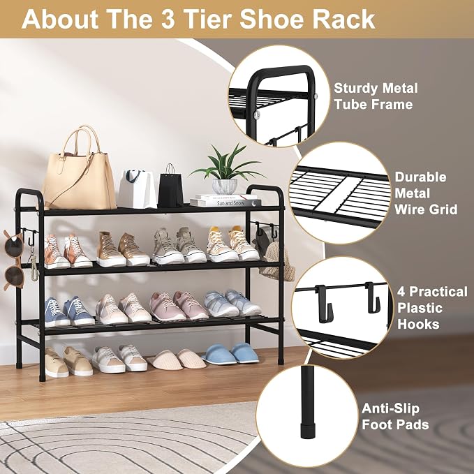 VILICK 3 Tier Shoe Rack 33" Wide Metal Shoe Organizer Long Shoe Storage with 4 Side Hooks Sturdy Shoes Shelf for Front Door Entrance, Closet, Garage, Dorm, Black - Image 4