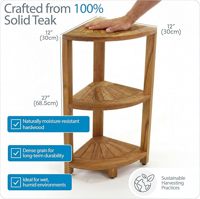 AquaTeak 12" Kai-Petite Teak Corner Shelf Stand - Shower Stand with 3 Tier Shelf for Bathroom - Durable Water Resistant Shower Organizer - Space-Saving Storage Shelves with Anti-Slip Feet - Image 3