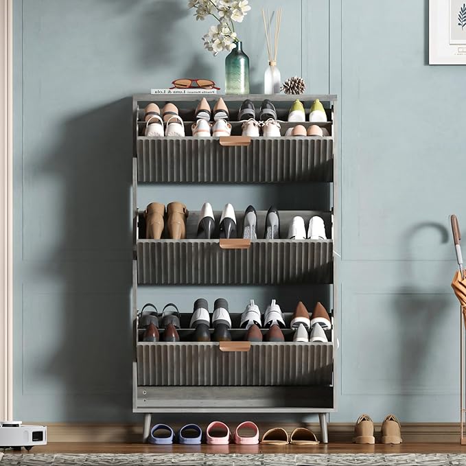 Shoe Cabinet Storage,Modern Freestanding Organizer with 3 Flip Drawers,Narrow Shoe Rack Cabinet for Entryway,Grey by QIVOMIX