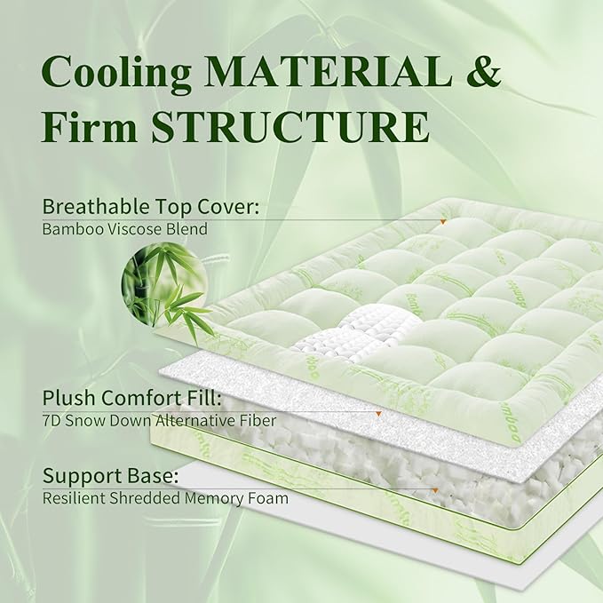Memory Foam Mattress Topper - Viscose Made from Bamboo Pillow Top Thick Queen Size Mattress Pad for Back Pain, Ultra Soft & Cooling for Hot Sleepers, 6-18'' Deep Pocket, Green