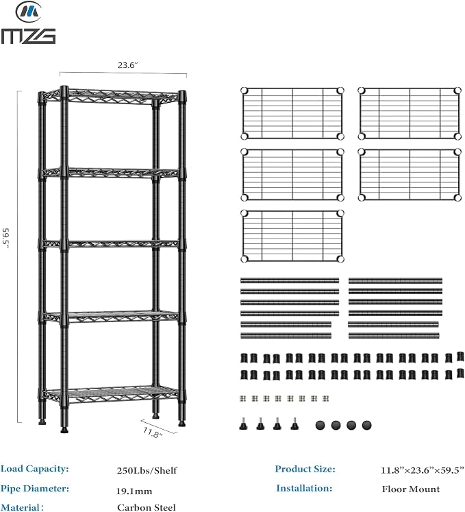 M MZG 1250 lbs 5 Tier Shelf Metal Storage Shelves Wire Rack Closet Organizers for Garage Kitchen Bathroom Laundry Black 11.8" D x 23.6" W x 59.5" H - Image 3