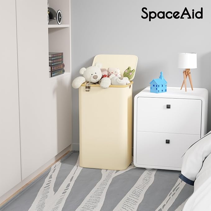 SpaceAid Laundry Hamper with Lid, 110L Large Tall Clothes Basket Bin with Bamboo Handles, Collapsible Laundry Hamper for Bedroom, Bathroom, Dorm, Laundry Room - Beige - Image 5