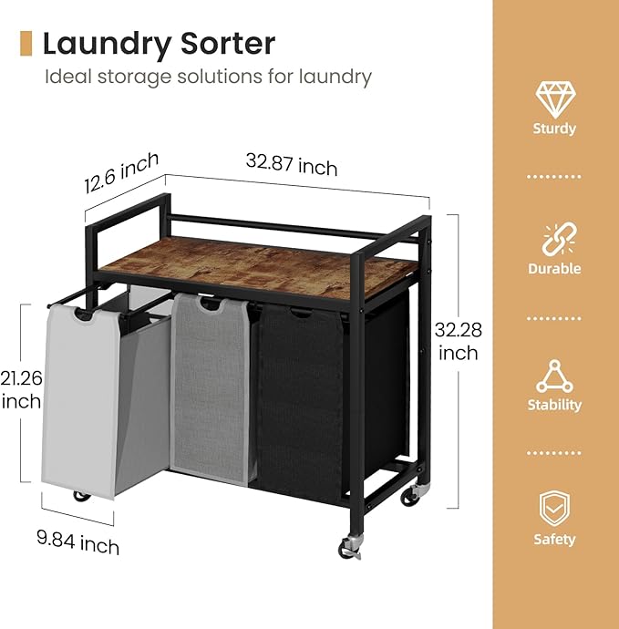 SwaaVee Laundry Hamper, Laundry Basket, Laundry Sorter with 3 Removable Bags, Clothes Basket with 3 Compartments, Wheels, Shelf for Laundry Room Bathroom Bedroom (3 Bags-Black Grey White) - Image 2
