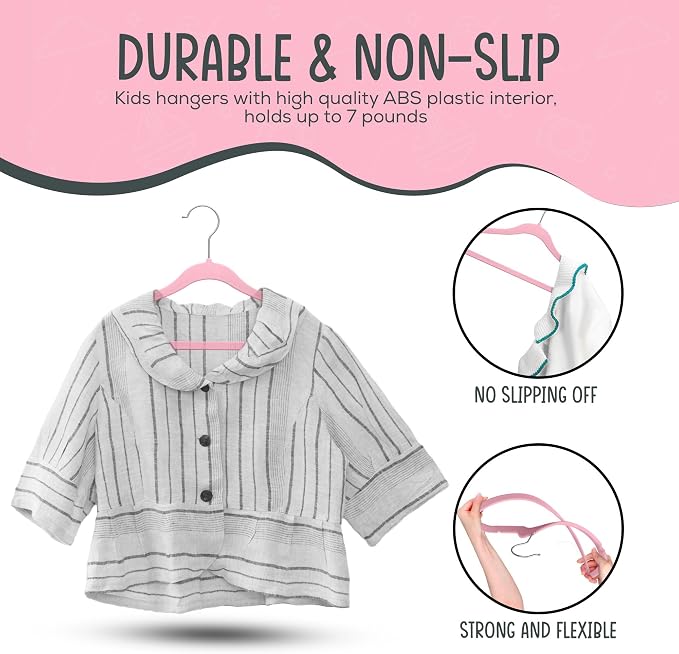 TechZoo 25 Premium Kids Velvet Hangers - 14" Non-Slip Clothes Hangers for Kids & Preteens - Ultra Slim, Space-Saving, Strong & Durable Hangers with 360° Swivel Hook - Pink - Image 8