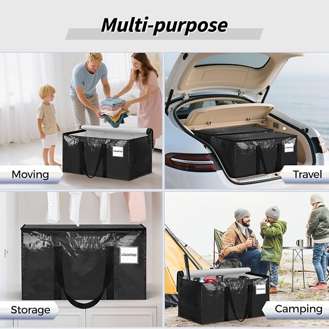 16 Pack Extra Large Heavy Duty Moving Bags, Black Storage Bins with Lids, Reinforced Handles & Heavy-Duty Zippers Moving Boxes Storage Bags Totes for Clothes Packing, Dorms, College Supplies, Black - Image 6