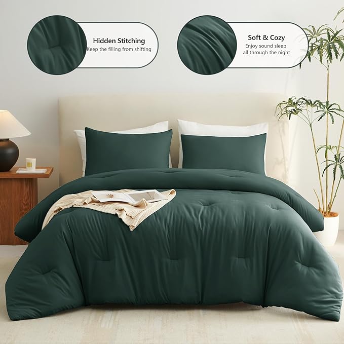 CozyLux California King Comforter Set Forest Green, 3 Pieces Cal King Solid Breathable Bedding Sets All Seasons, Luxury Soft Lightweight Bed Set with Down Alternative Comforter and 2 Pillowcases