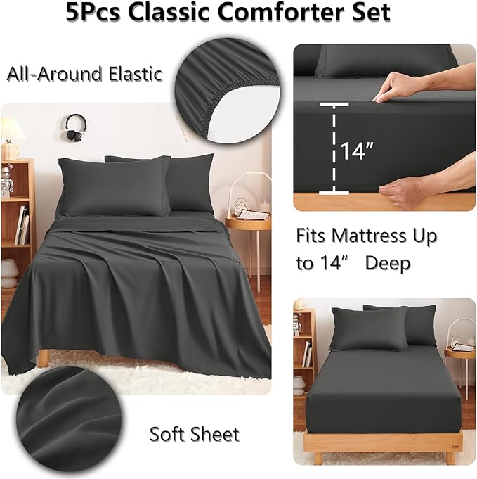 CozyLux Twin XL Comforter Set Dark Grey - 5 Pieces Twin Extra Long Bed in a Bag for College Dorm, All Season Bedding Set for Girls and Boys, Soft Bed Set with Comforter, Sheets, Pillowcase & Sham
