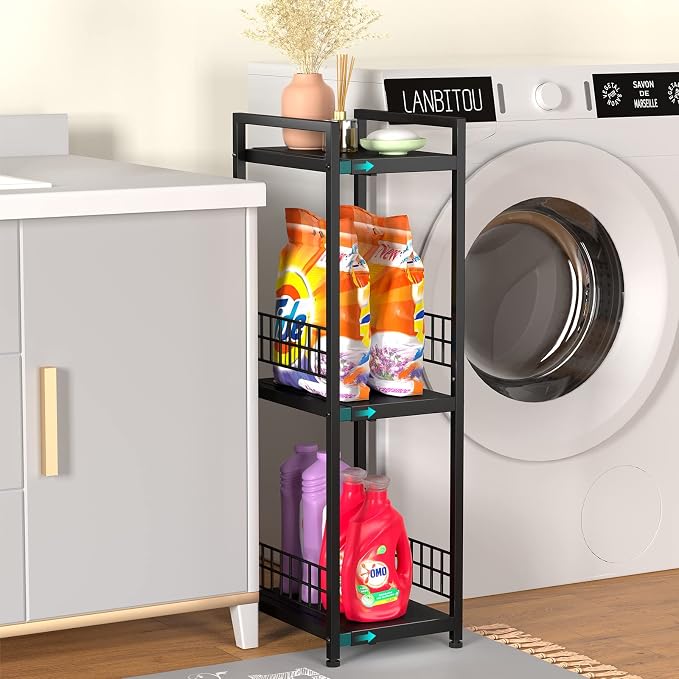 DAOUTIME 3-Tier Metal Shelving Unit, Expandable, Free-Standing, Narrow, Open Floor Shelves, Ideal for Bathroom, Kitchen, Laundry, Storage, Organization - Image 2