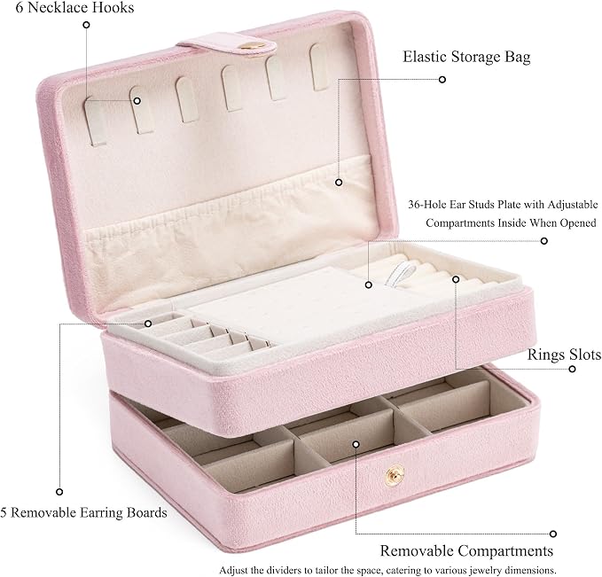 MODENGKONGJIAN Jewelry Organizer Box, 2-Layer Large Jewelry Storage Case, Portable Travel Jewelrys Display Holder for Earrings, Necklaces, Bracelets (Pink,Velvet) - Image 3