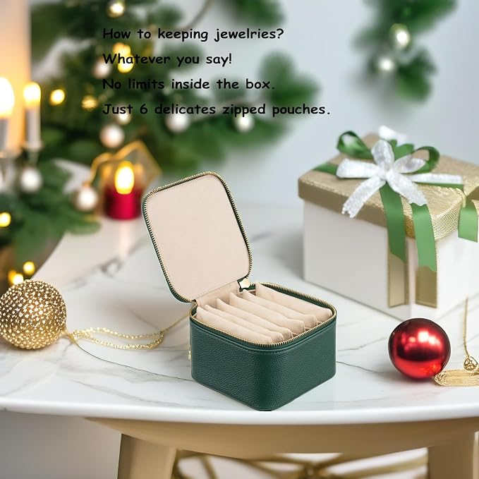 VLANDO Travel Jewelry Box Organizer – Portable PU Leather Jewelry Case with 6/8/12 Zippered Pouches, Compact Storage for Earrings Rings Necklaces Bracelets, Dark Green - Image 4