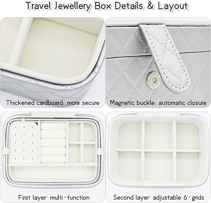Jewelry Travel Case, 2-Layer Jewelry Box Organizer Medium Jewelry Travel Box, Portable Faux Leather Jewellery Storage Boxes with Argyle for Women, Daily Jewellery Case Home Use (Silver gray) - Image 3
