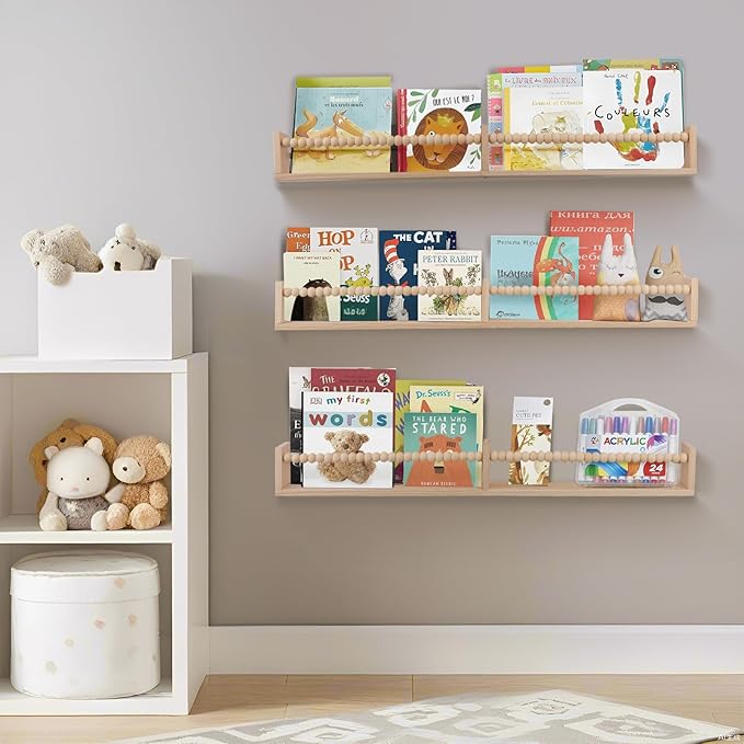 birola Nursery Book Shelves for Kids Rooms - 32 Inches Floating Wall Bookshelves Set of 3, Space-Saving Nursery Shelves with Beads Design for Kids Room, Bedroom and Study Room(Natural) - Image 6