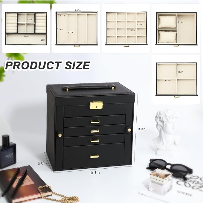 Jewelry Box for Women, 5-Layer Jewelry Organizers Box, Large Jewelry Storage Box for Girls, Jewelry Holder Organizers Gift for Valentine's Day, Christmas, New Year (Black) - Image 4
