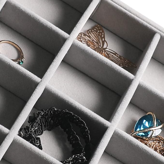 Frebeauty Stackable Velvet Jewelry Organizer Trays for Drawers Inserts Jewelry Storage Tray Display Case, Stud Earrings Bracelets Necklace Rings Trays for Women Girls(Set of 2)(Grey) - Image 6