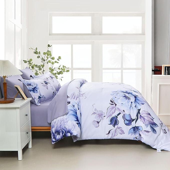 Drucon Purple Floral Comforter Set King, 7 Pieces Bed in a Bag Botanical Floral Comforter Soft Microfiber Purple Bedding Set King Size Bed with Sheet and Pillowcase
