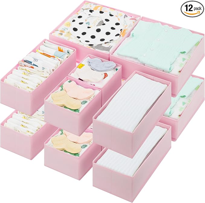 GRANNY SAYS Drawer Organizer Clothes, 12 Pack Dresser Organizer Bins for Nursery, Closet Organization and Storage Dividers for Clothing, Baby Clothes, Underwears, Pink by GRANNYSAYS