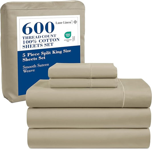 LANE LINEN Split King Sheets Set for Adjustable Beds - 5 PCs, 600 Thread Count Split King Sheets Set - Sateen King Split Sheets for Adjustable Bed - Split Top King Sheet Set for Beds - Linen