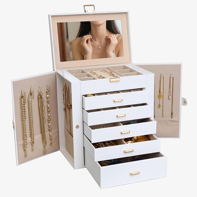 BOOVO Jewelry Box For women, 6 Layer Large Jewelry Organizer With Mirror, Multi-Function Storage Box With Lock, Necklace Holder With 5 Drawers, For Earrings Necklace Bracelet (White and Gold) by BOOVO
