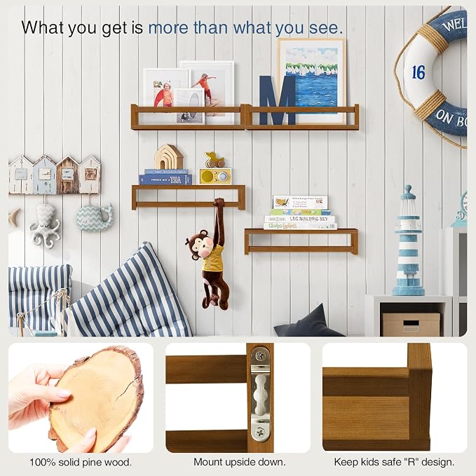 Forbena Walnut Brown Nursery Bookshelf Wall Mounted, Wooden Floating Book Shelves for Wall, Nursery Hanging Bookshelves for Baby Toddlers Kids Room Bedroom (Pine Wood, Walnut Color, 4-Pack) - Image 7