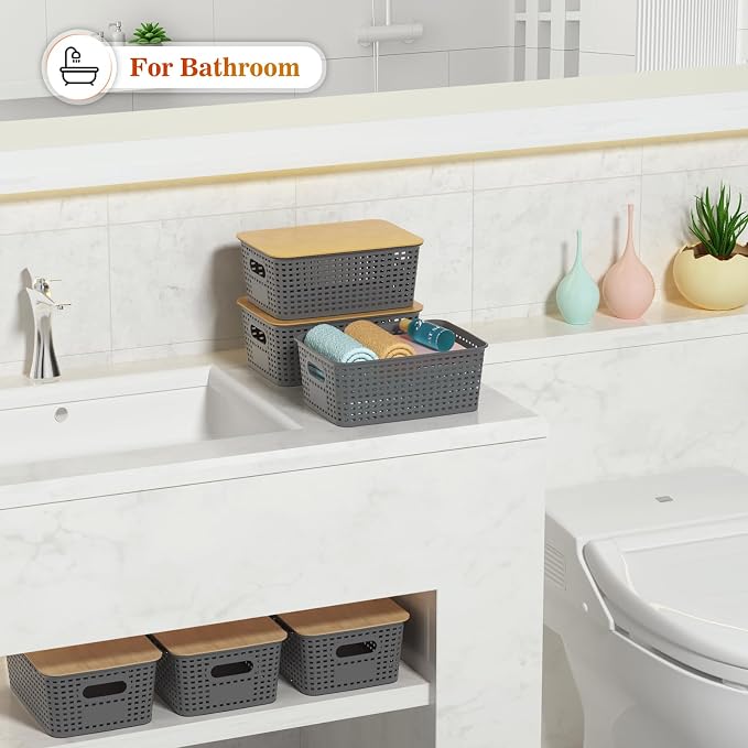 Plastic Storage Baskets With Bamboo Lid - Plastic Storage Containers Stackable Storage bins: Storage Baskets for Organizing Shelves Drawers Desktop Closet Playroom Classroom Office, 6 Pack, Gray - Image 6