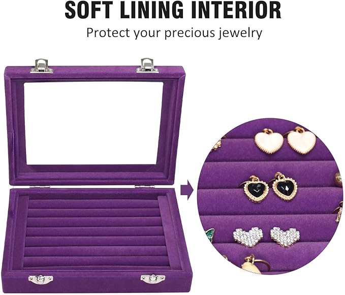 Vicoter Rings Organizer Tray 7 Slots Velvet Jewelry Earring Storage Box with Transparent lid Jewelry Display Case for Girls Wife Mom Women (Purple) - Image 3
