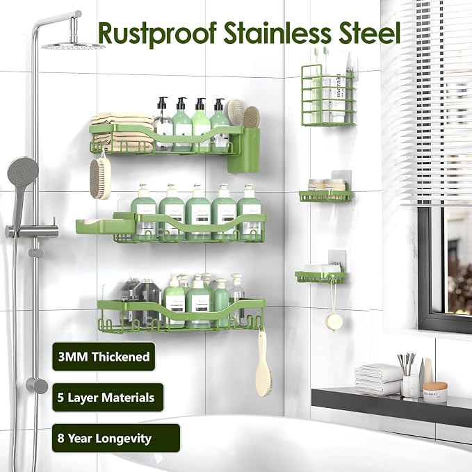 NESOMI Shower Caddy Adhesive Shower Organizer 8-Pack, Rustproof Stainless Steel Bathroom Shelves, Large Capacity No-Drill Rack Storage Accessories with Soap Dish Toothbrush Holder Hooks - Image 5
