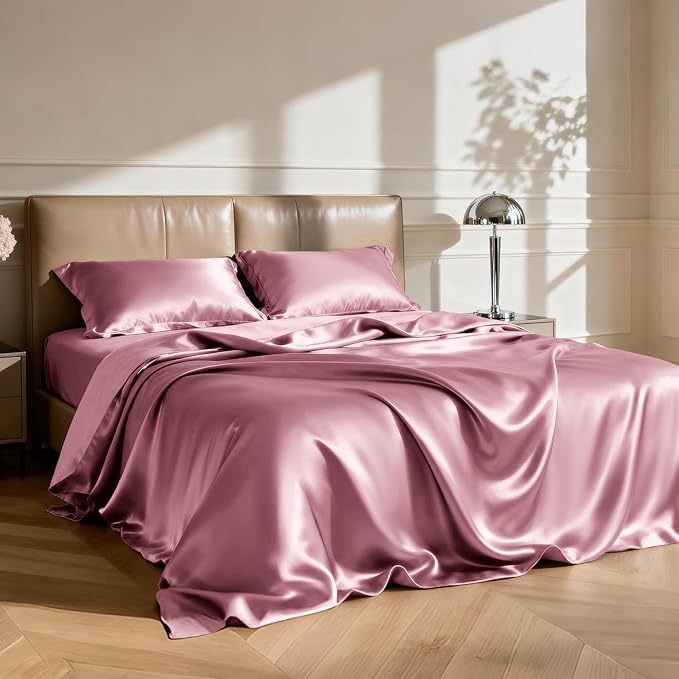 Love's cabin Full Size Satin Sheet Sets - 4 Piece Rose Taupe Silky Sheet Set Full with Deep Pocket, Luxury Silk Feel Bed Sheets Full Bedding Set (1 Flat Sheet,1 Fitted Sheet,2 Pillow Cases)