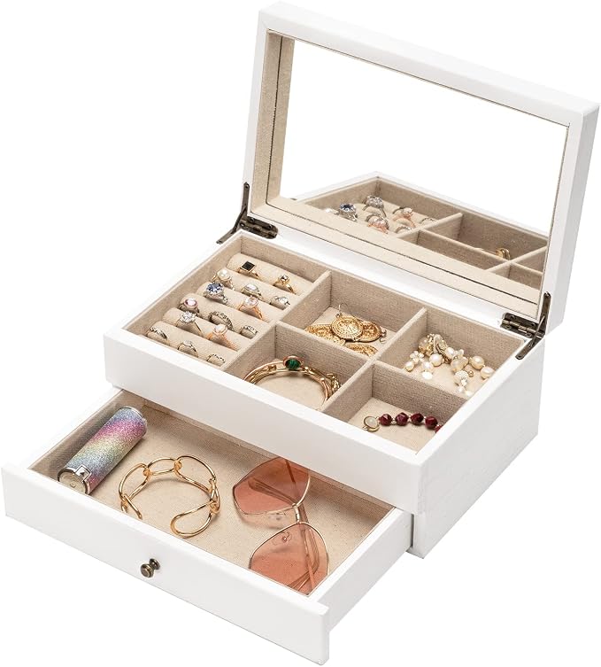Meangood Jewelry Box Organizer for Women, 2 Layer Large Jewelry Storage Case, Rustic Wooden Jewelry Box with Mirror & Ring Tray for Necklace Earring Bracelets Rings, Vintage Style (White) - Image 3