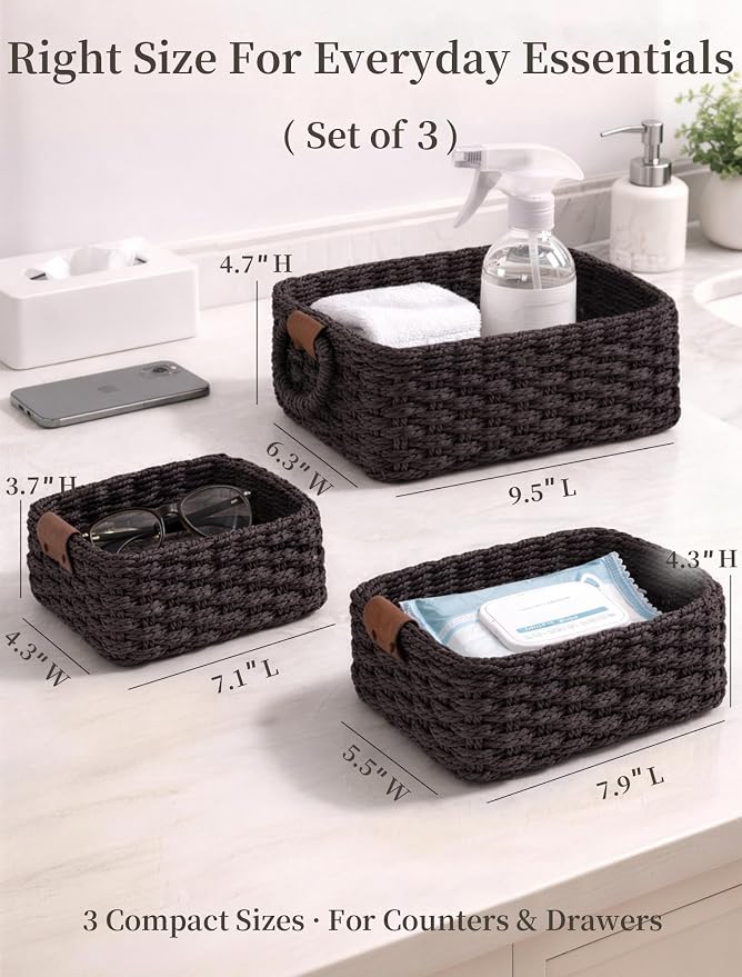 Storage Basket, Recycled Paper Rope Basket Organizer, 3Pcs Small Baskets for Organizing, Mini wicker Basket for Decorative Storage Bins, Shelves, Cabinet - Dark Brown - Image 2