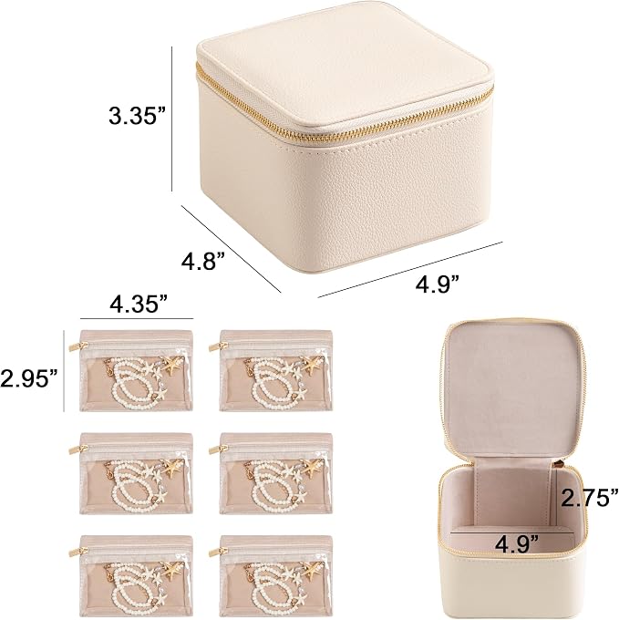 Frebeauty Small Travel Jewelry Box with 6 Pouch Bags, Portable Mini Jewelry Storage, 3.35 x 4.9 x 4.8 Inches, Gift Idea for Women Girls (Beige) - Image 3