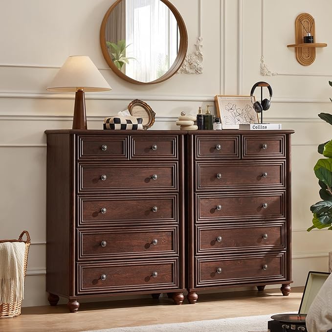 Farmhouse 6 Drawer Dresser Set of 2, Chest of Drawers for Bedroom, 43.5" Tall Walnut Kids Dresser with Roman Column and Metal Handles, Storage Dressers Organizer for Living Room, Hallway, Closet