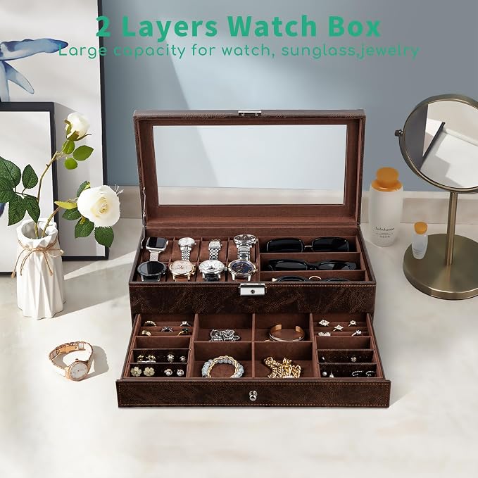 TomCare Watch Box 2-Tier Watch Case Jewelry Organizer Box with Thick Glass Lid Lockable Watch Organizer Jewelry Display Holder Sunglass Rings Necklaces Bracelets Storage Organizer for Men Women,Brown - Image 3