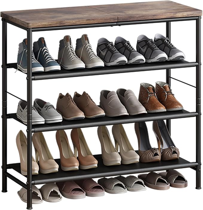 INGIORDAR Shoe Rack Organizer 4 Tier Metal Organizer Shelf with Industrial MDF Board and Layer Fabric for Entryway Closet Bedroom Living Room Garage,Black & Rustic Brown (Black+Rustic Brown, 4 Tier) by INGIORDAR
